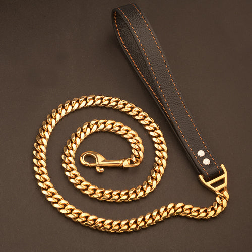 Steel Chain Leash - Leather Handle For Dogs