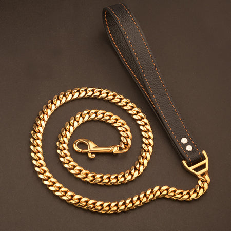 Steel Chain Leash - Leather Handle For Dogs