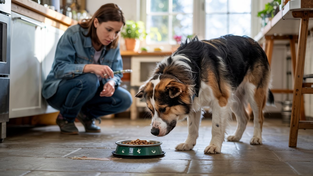 "Concerned pet owner watching dog refuse food beside bowl in kitchen"