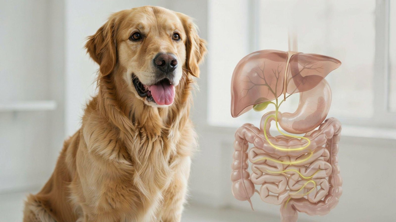 Dog with digestive system illustration showing bile movement causing stomach irritation and vomiting.