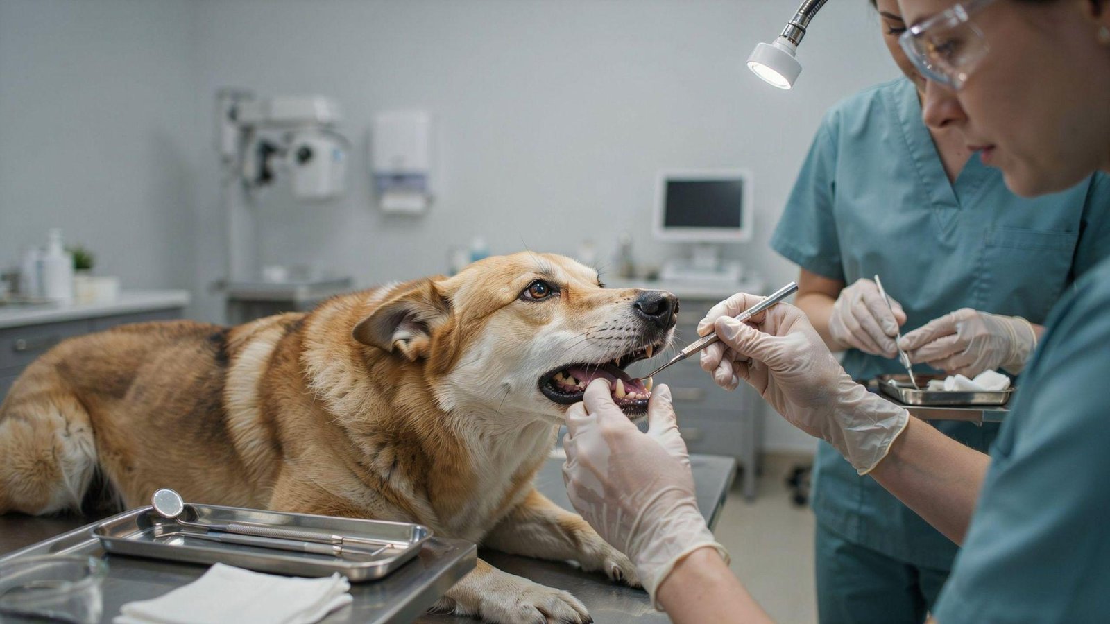 "Veterinarian performing dental exam on dog with instruments and visible tartar buildup in clinic"