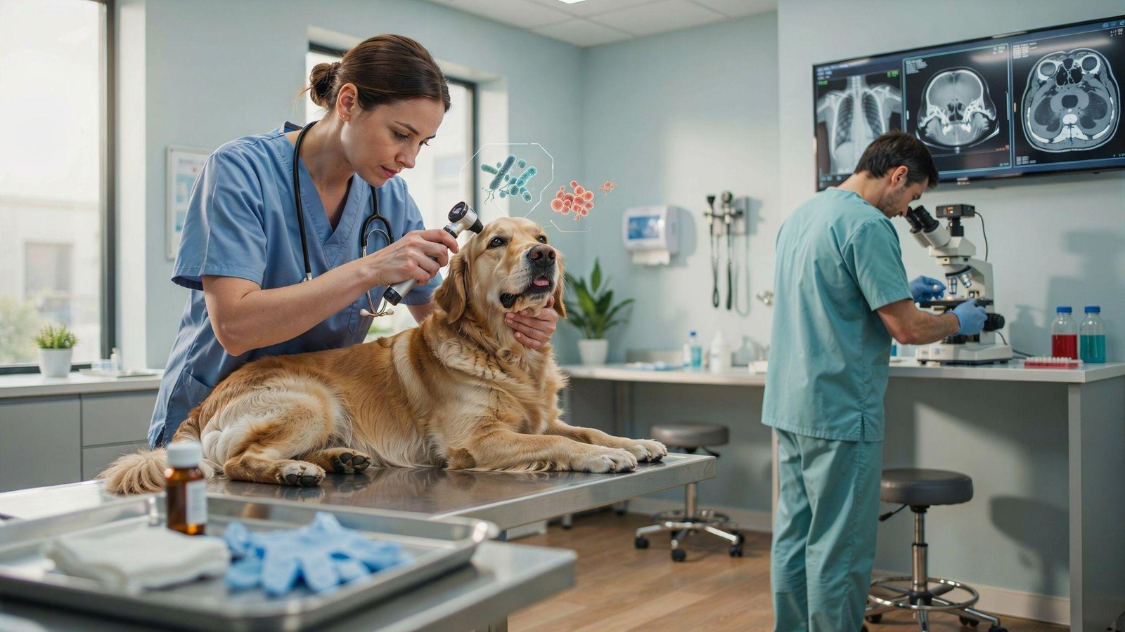 Veterinarian examining dog ear infection using otoscope swab microscope and diagnostic imaging tools in clinic scene