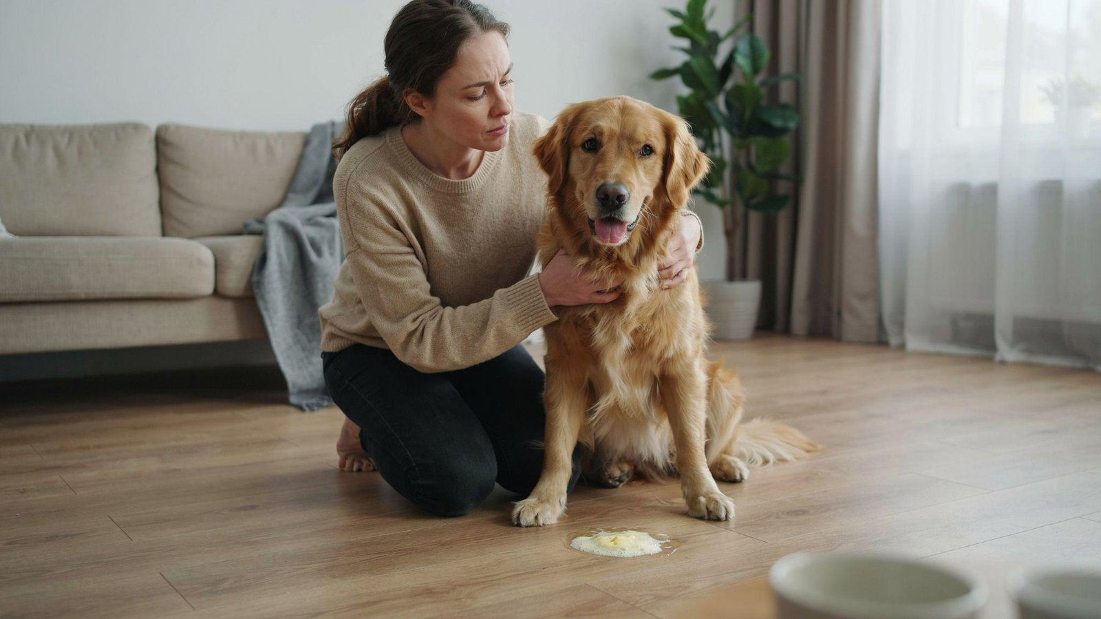 Dog near yellow foamy vomit, illustrating bile-related stomach irritation and digestive issues.