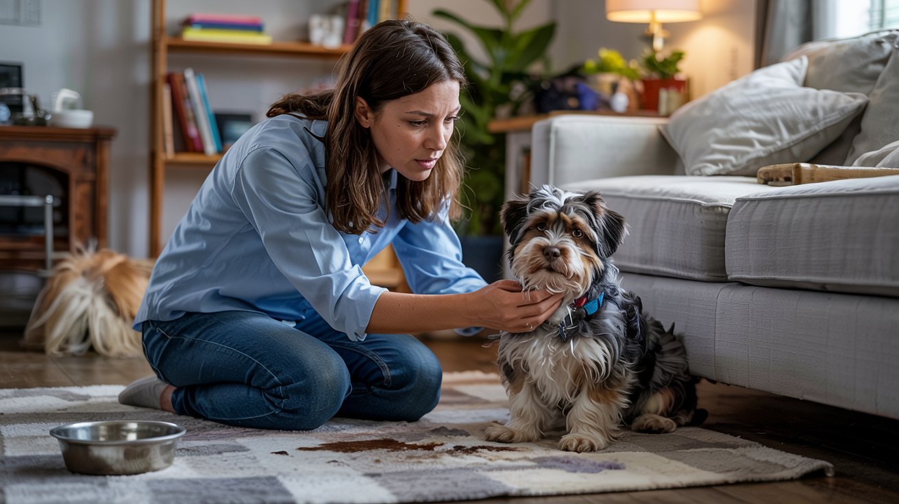"Concerned pet owner monitoring a dog at home after eating marshmallows, watching for symptoms like vomiting or weakness"