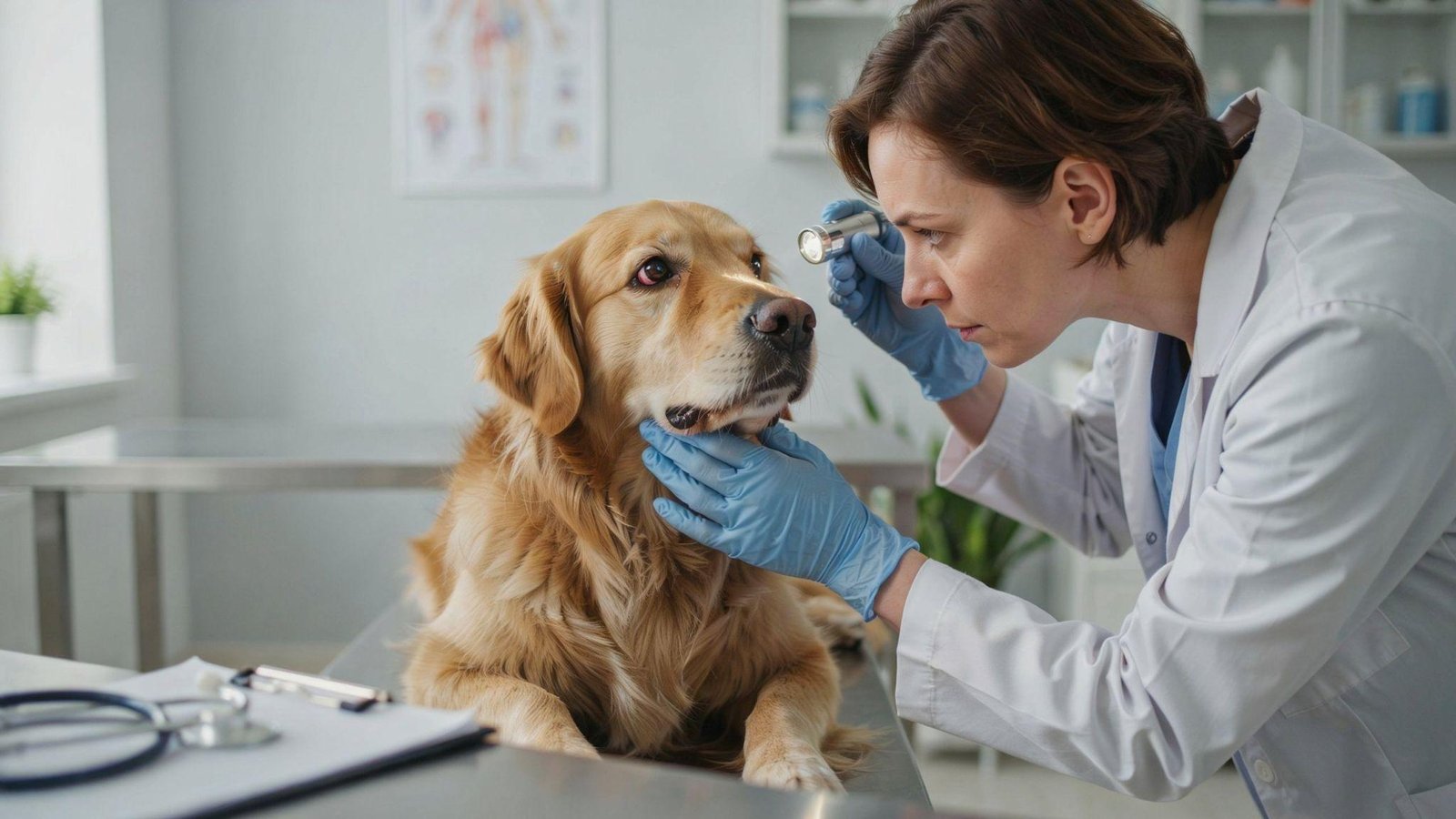 Concerned veterinarian examining dog with red eyes in modern clinic during health checkup scene lighting