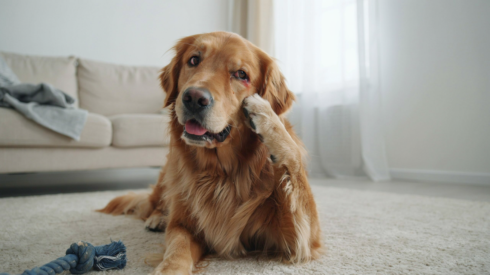 Dog displaying symptoms associated with eye discharge.