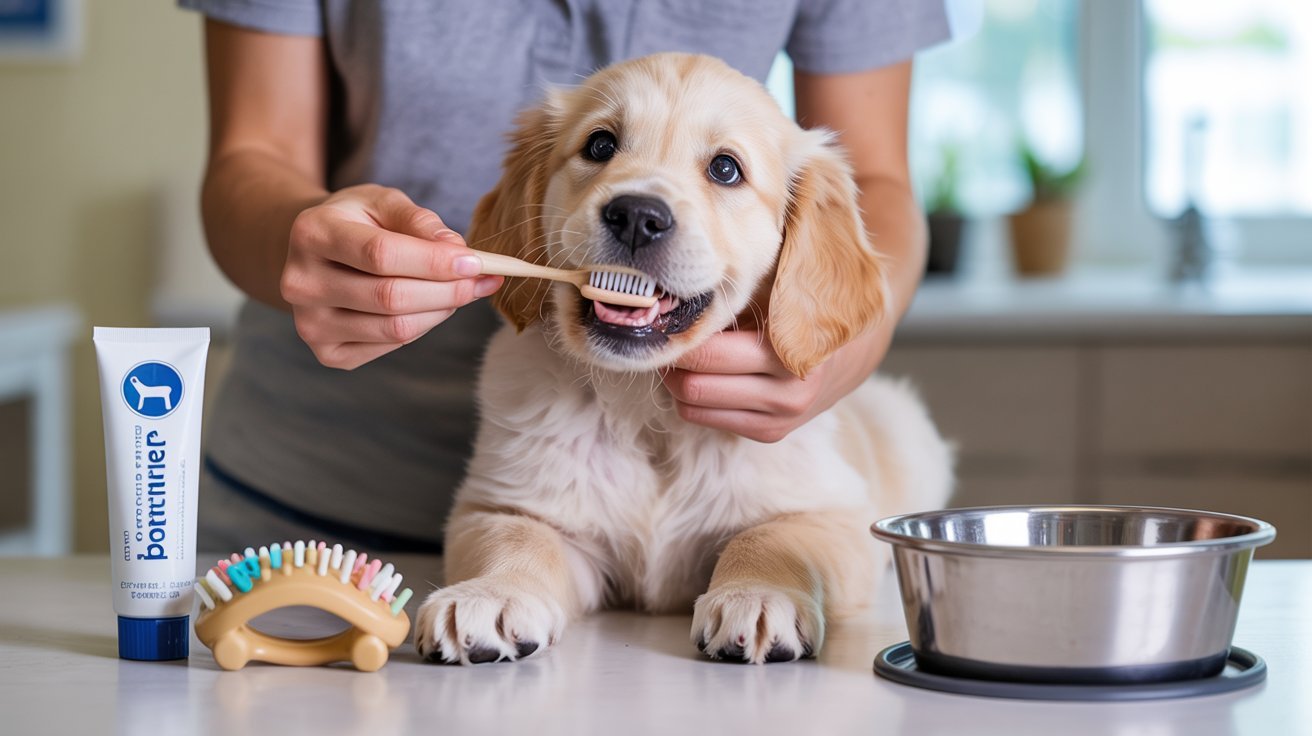 puppy dental care routine brushing teeth early prevention healthy dog oral hygiene concept