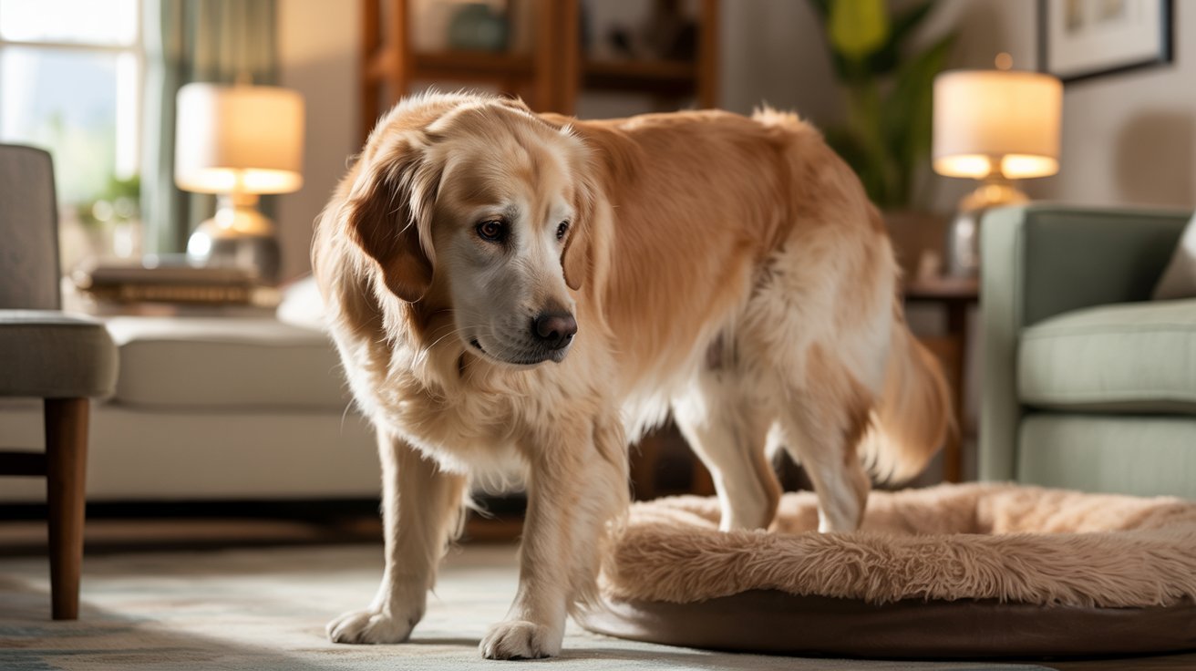Dog circling repeatedly indoors showing possible discomfort joint pain or confusion needing veterinary attention checkup