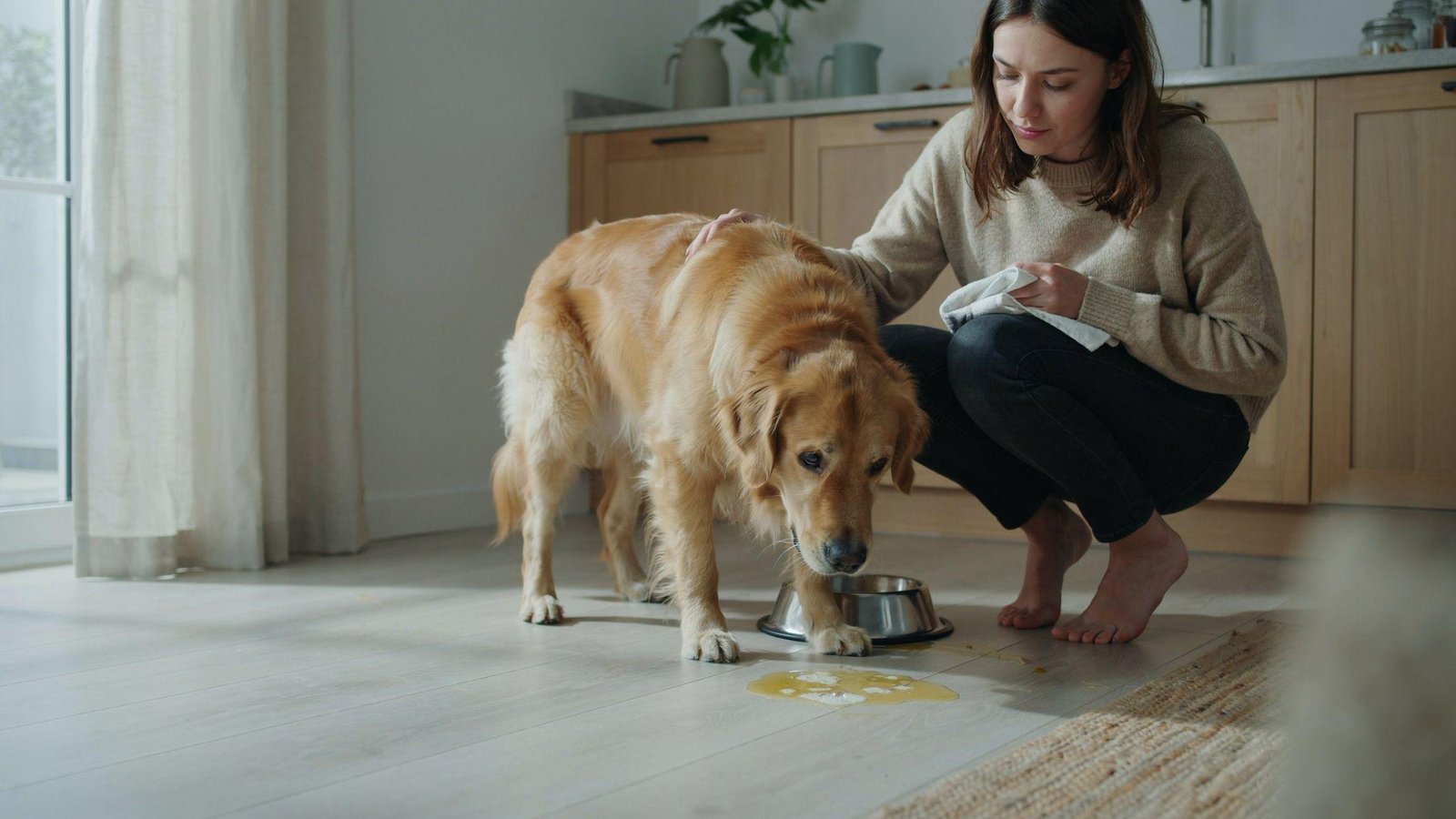 Dog beside yellow foamy bile, showing empty stomach irritation and digestive discomfort.