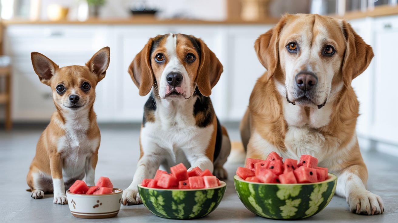 "Chihuahua, Beagle, and Labrador with properly portioned watermelon cubes for safe dog treats"