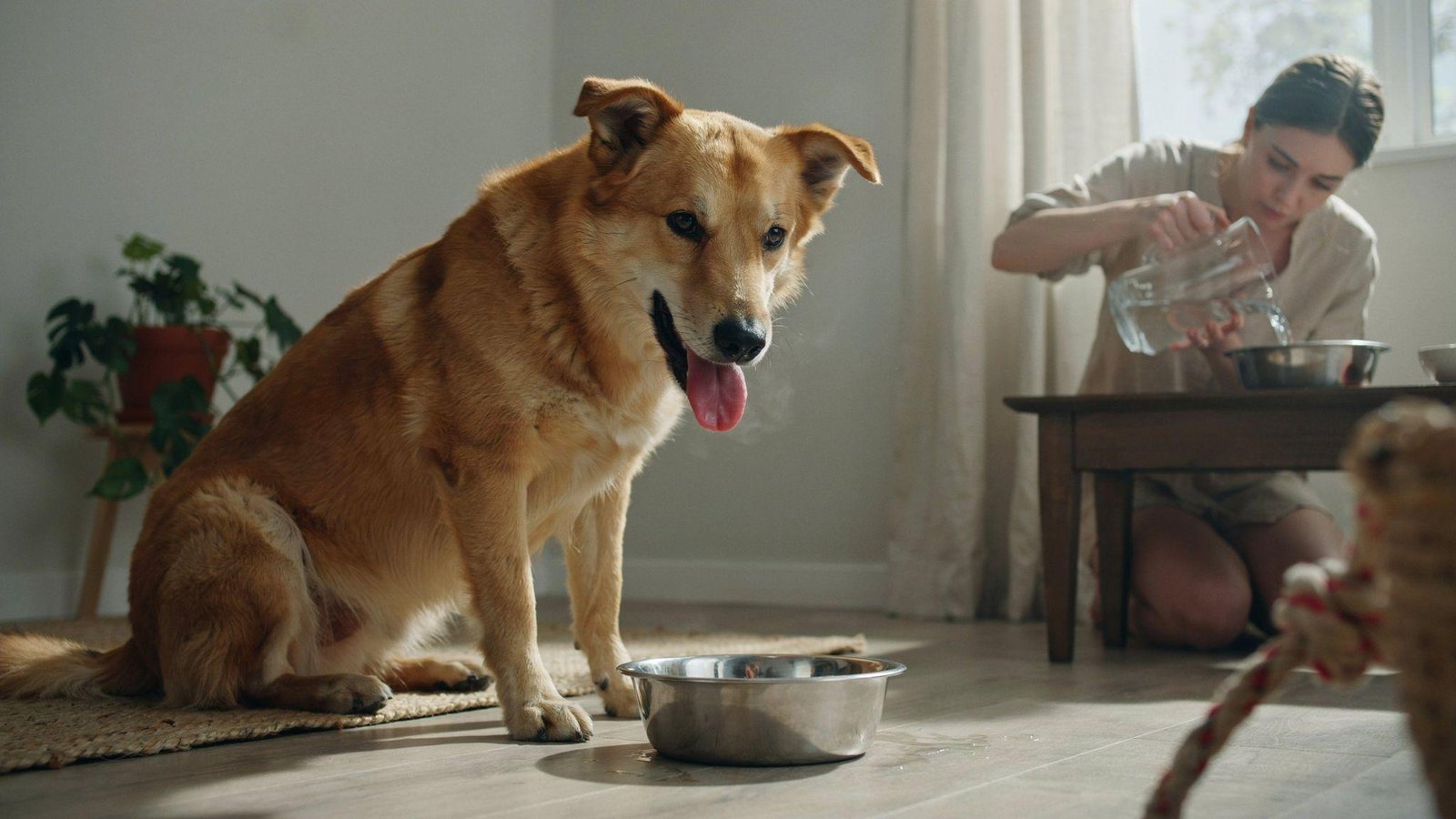 "Dog showing signs of dehydration while owner refills water bowl in a warm home environment"
