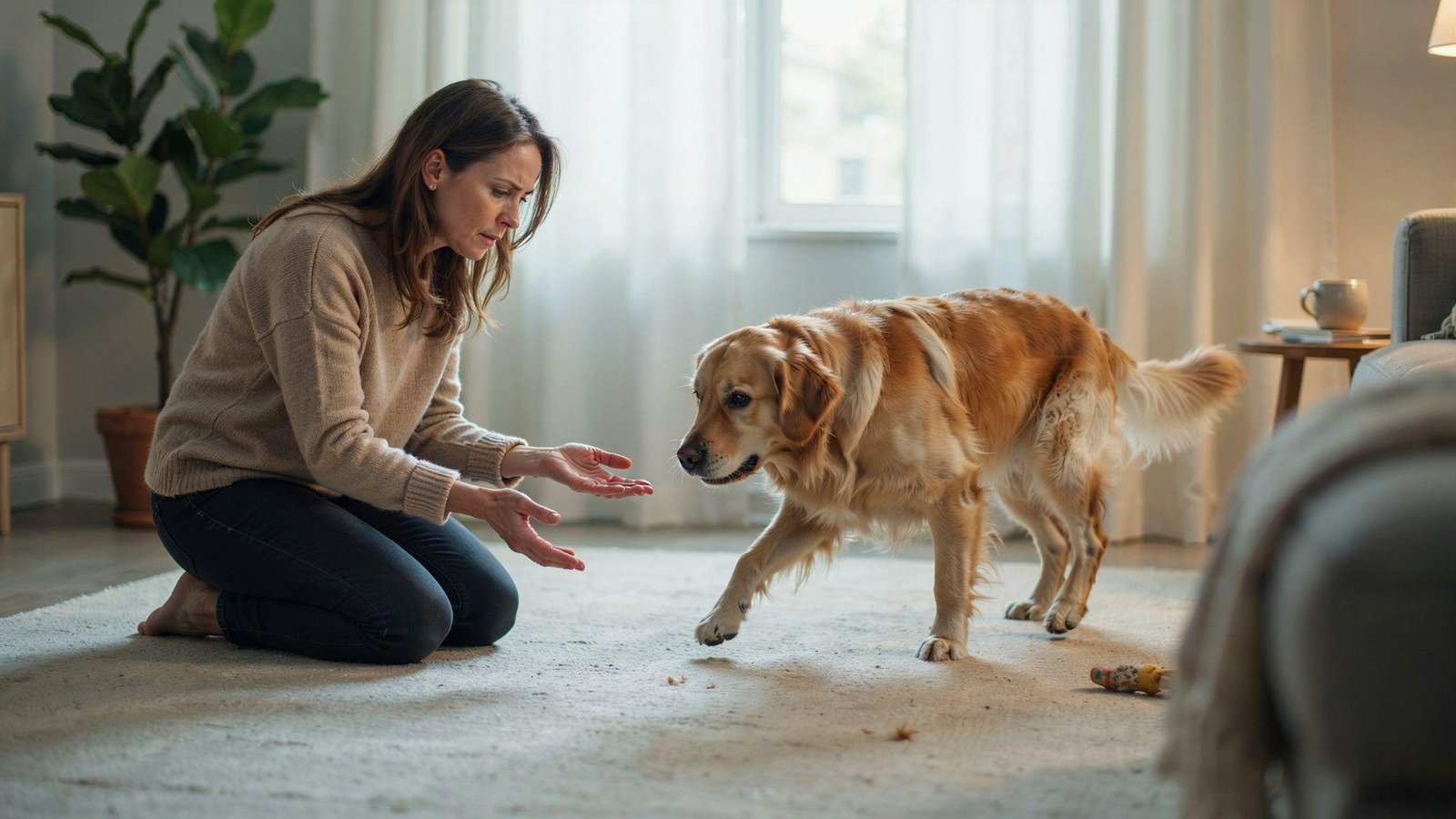 Owner carefully observing dog limp while assessing walking pattern indoors warm focused veterinary care moment