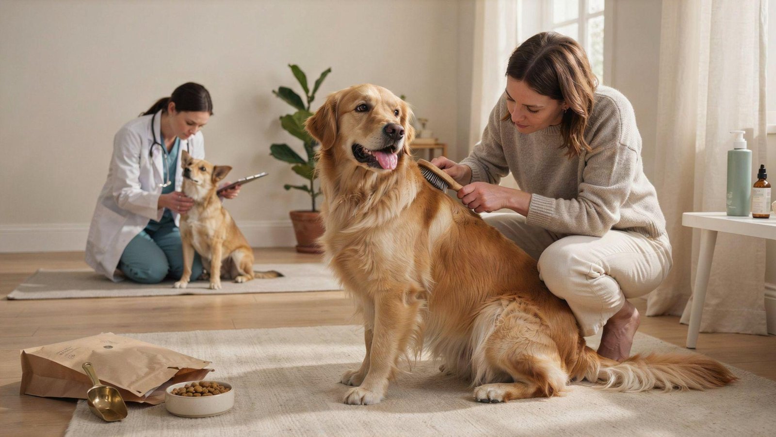 Healthy dog receiving grooming, proper nutrition, parasite prevention, and routine veterinary care