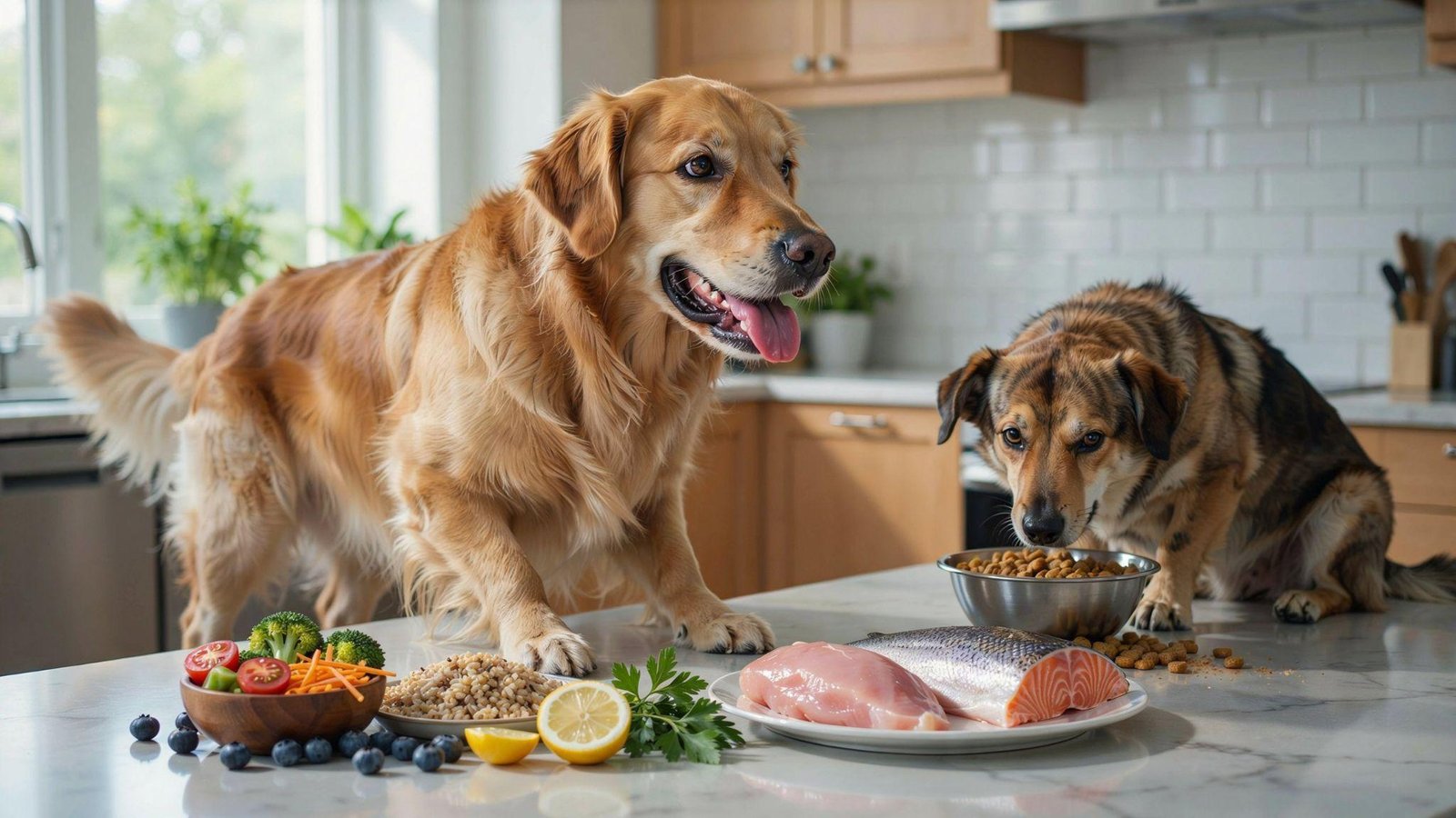 "Healthy dog beside fresh nutritious food ingredients contrasted with poor-quality dog food and signs of unhealthy nutrition"