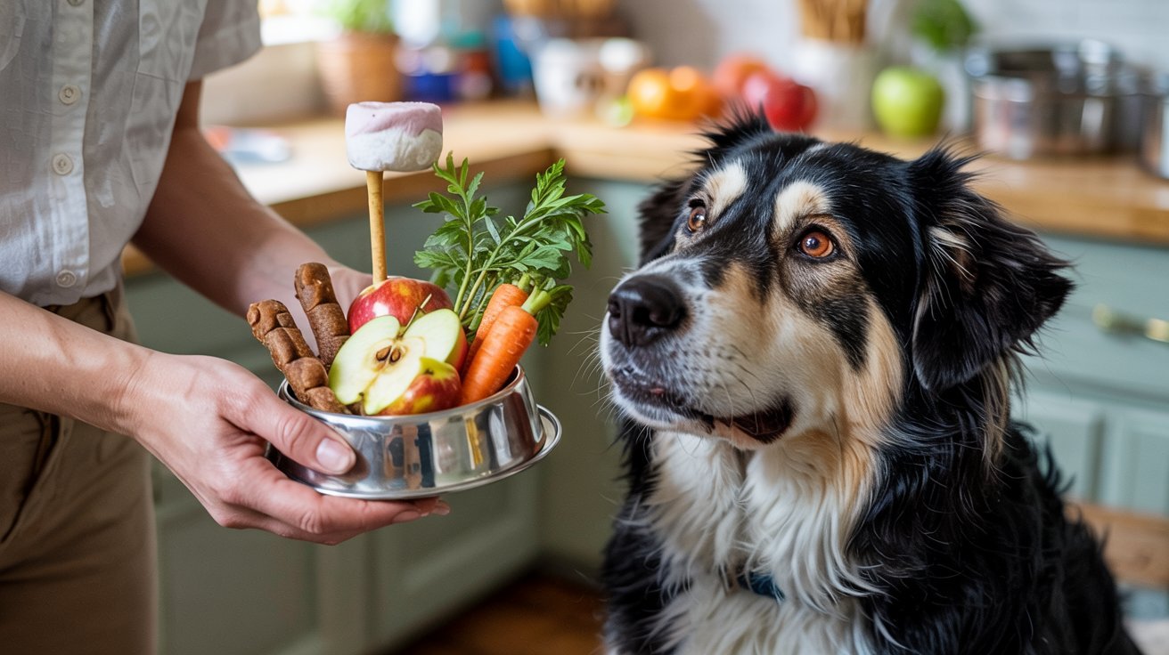 "Dog looking at healthy treats in owner's hand while a marshmallow sits on the counter, showing safer snack alternatives for dogs"