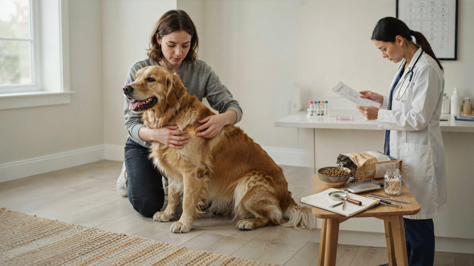 Dog owner inspecting coat for dandruff, parasites, skin changes, and underlying health issues