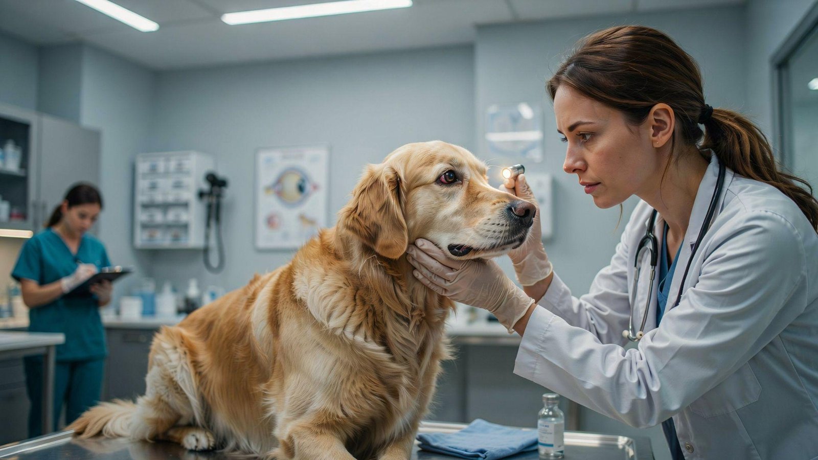 Concerned veterinarian examining dog with painful red eye showing emergency symptoms in clinic urgent care