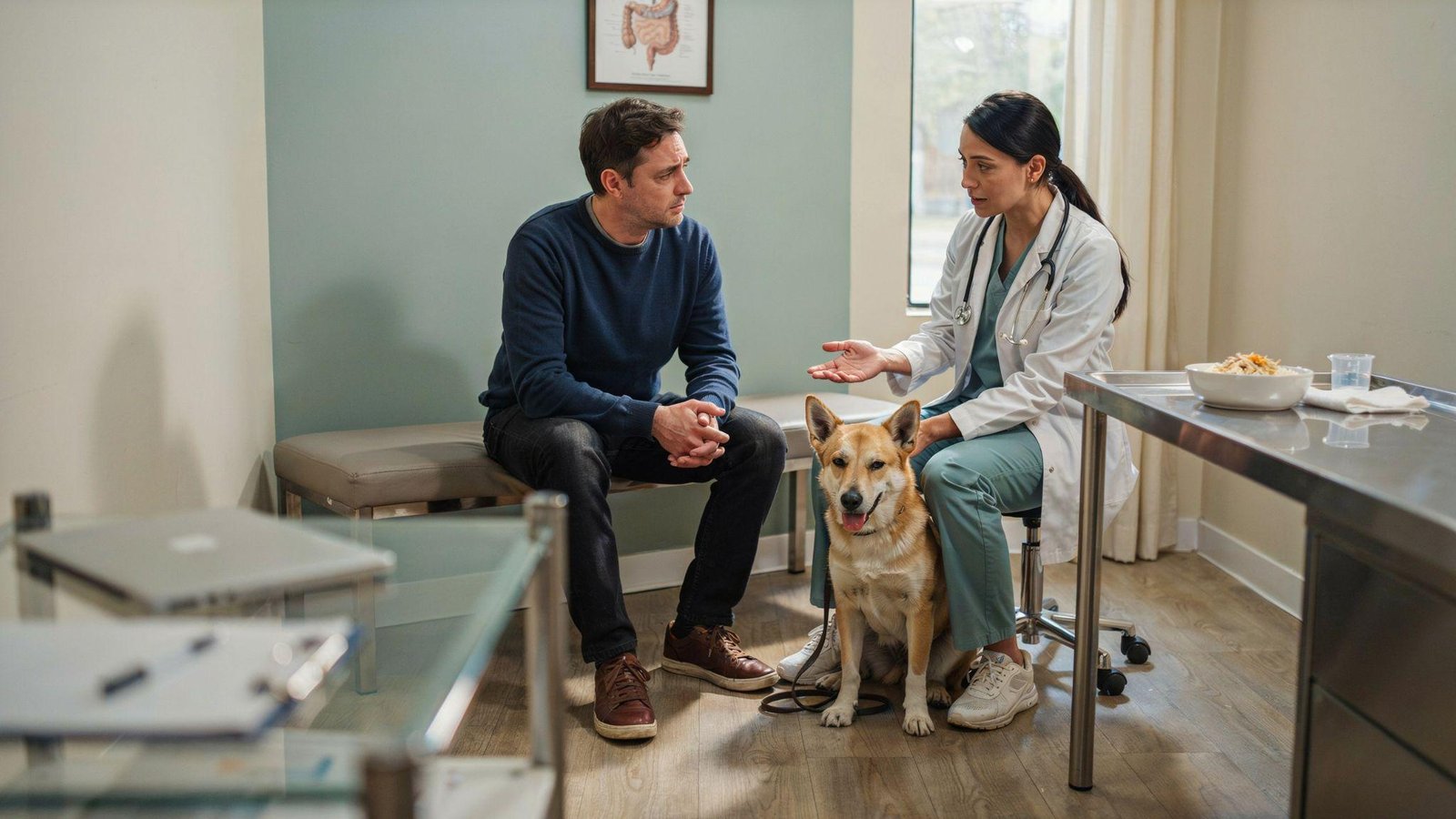- Man consulting with a veterinarian while sitting beside a calm dog in a modern veterinary exam room.