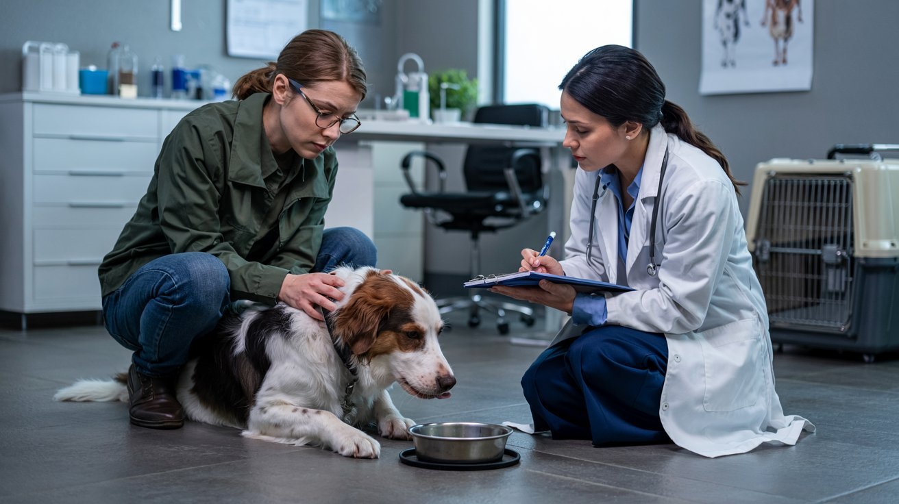 Veterinarian examining a dog drinking water while owner looks on during clinic visit for increased thirst concern