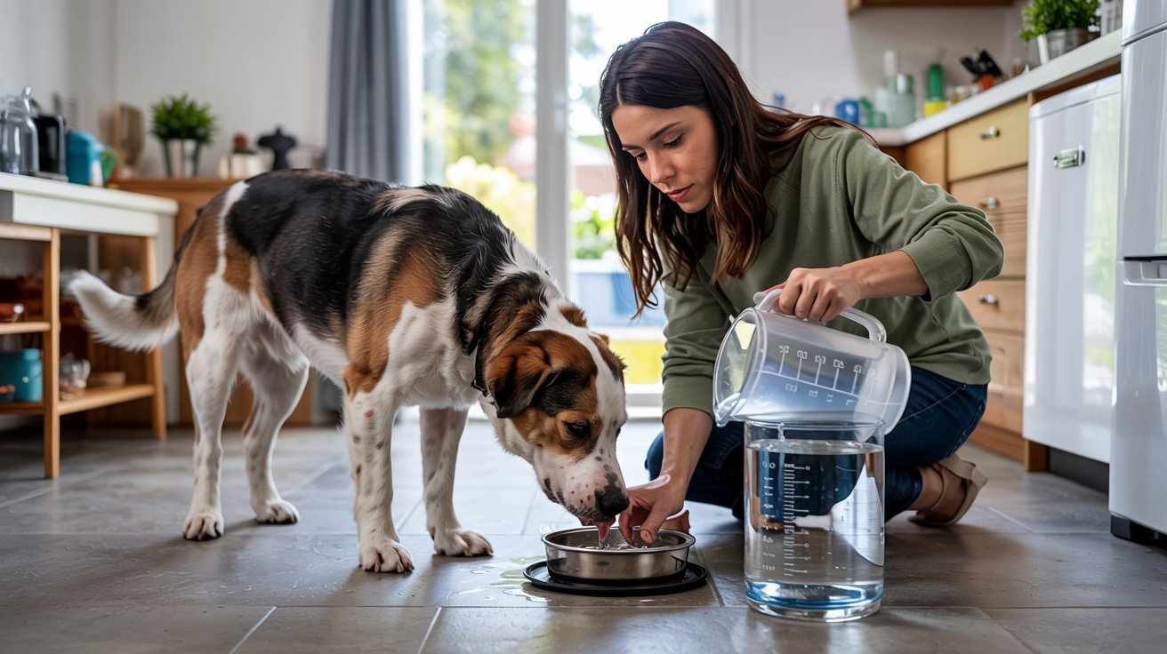 Healthy dog drinking water while owner refills bowl with measuring jug in a bright modern kitchen