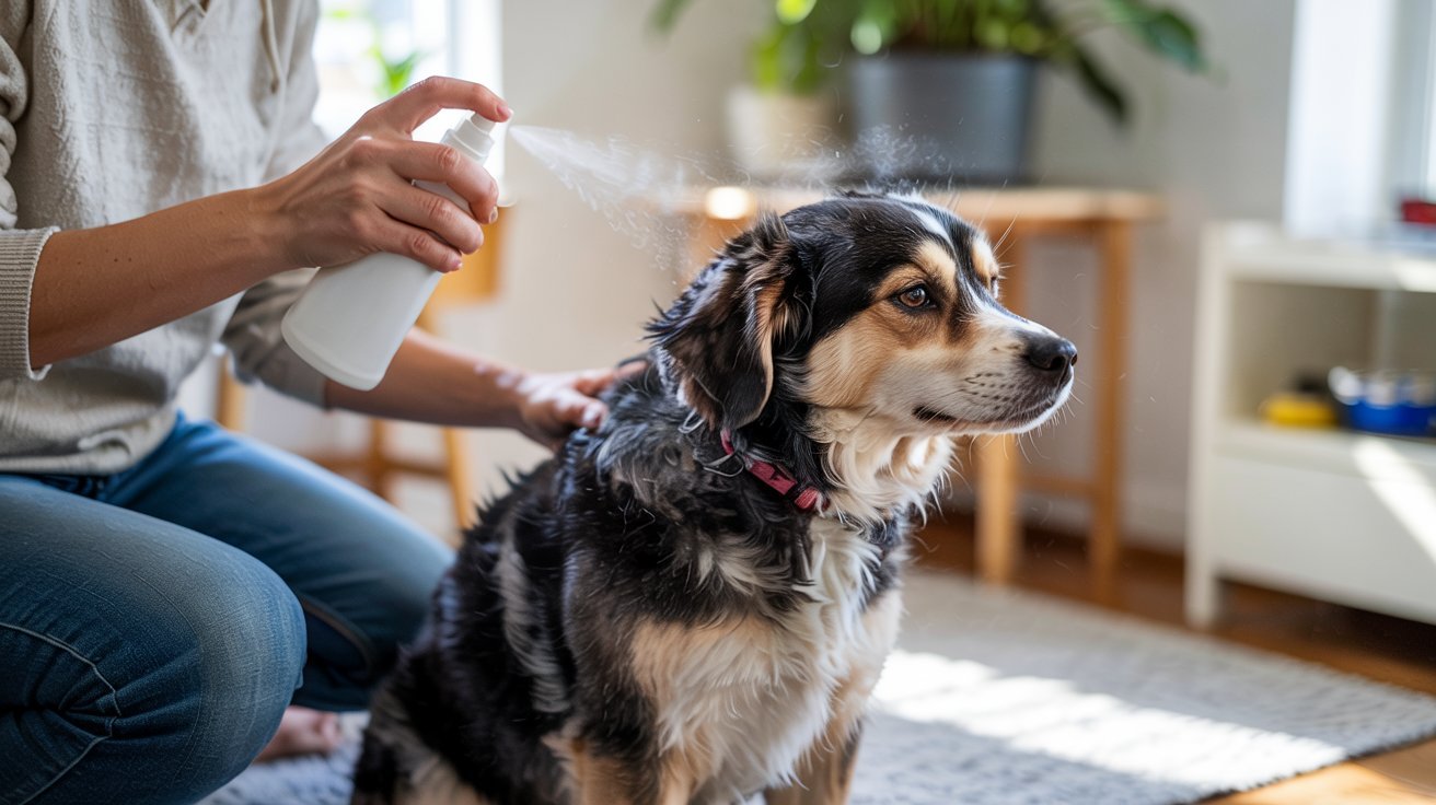 "Dog receiving a gentle spray treatment for itchy and irritated skin"