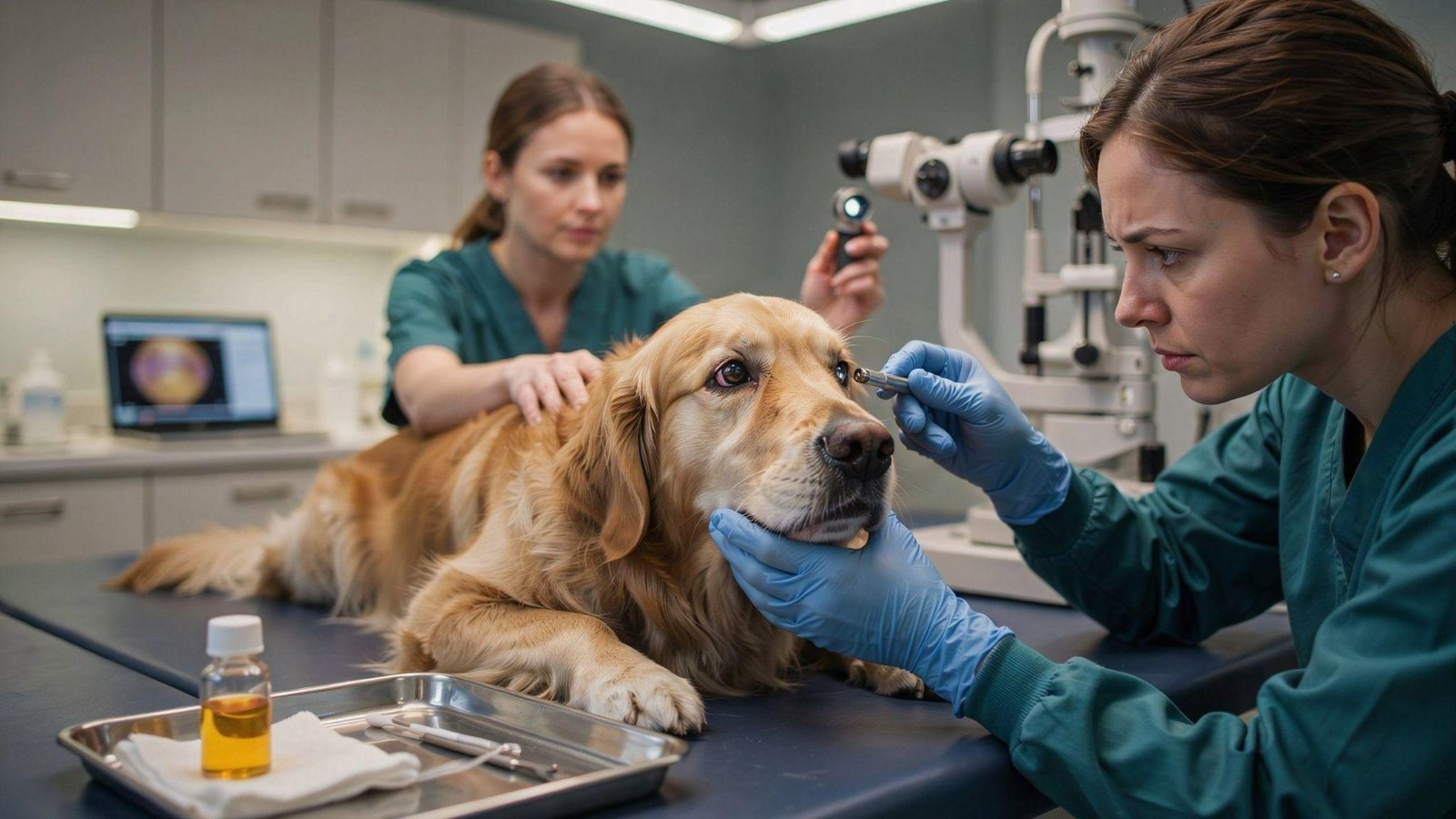 Concerned veterinarian diagnosing dog eye pressure risk glaucoma potential vision loss emergency clinic examination scene