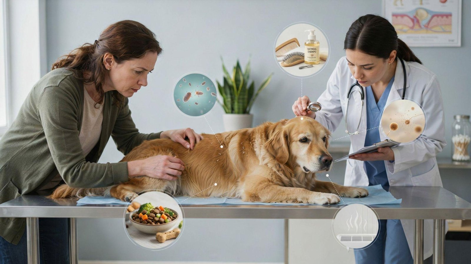 Dog with dandruff being examined for skin issues, allergies, parasites, and health concerns