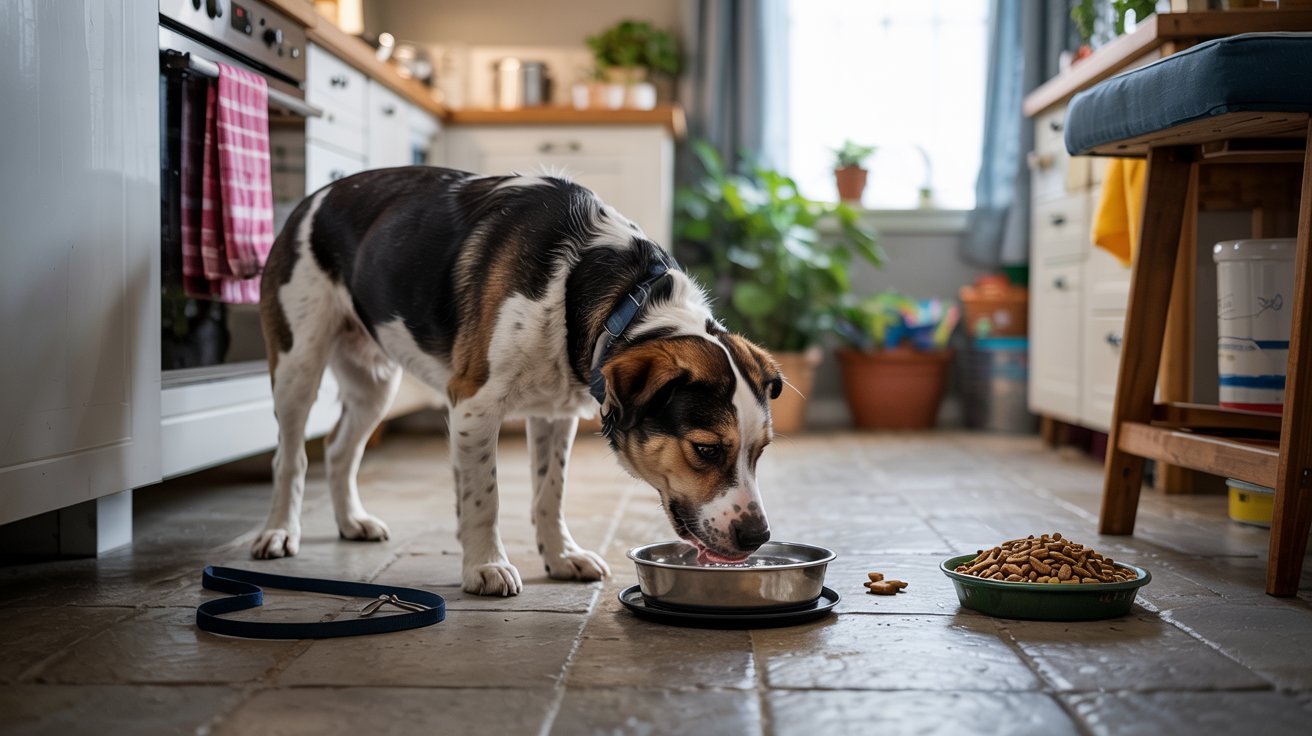 Dog drinking water after outdoor activity in a modern kitchen with signs of heat and dry food diet