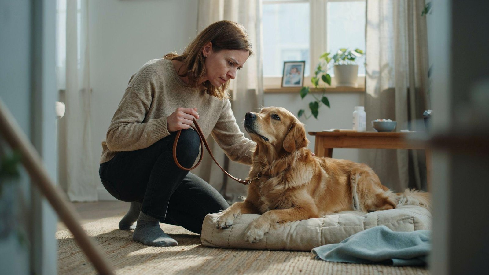 Owner gently stopping dog from overexertion indoors while emphasizing rest avoiding unsafe treatment calm veterinary warning scene