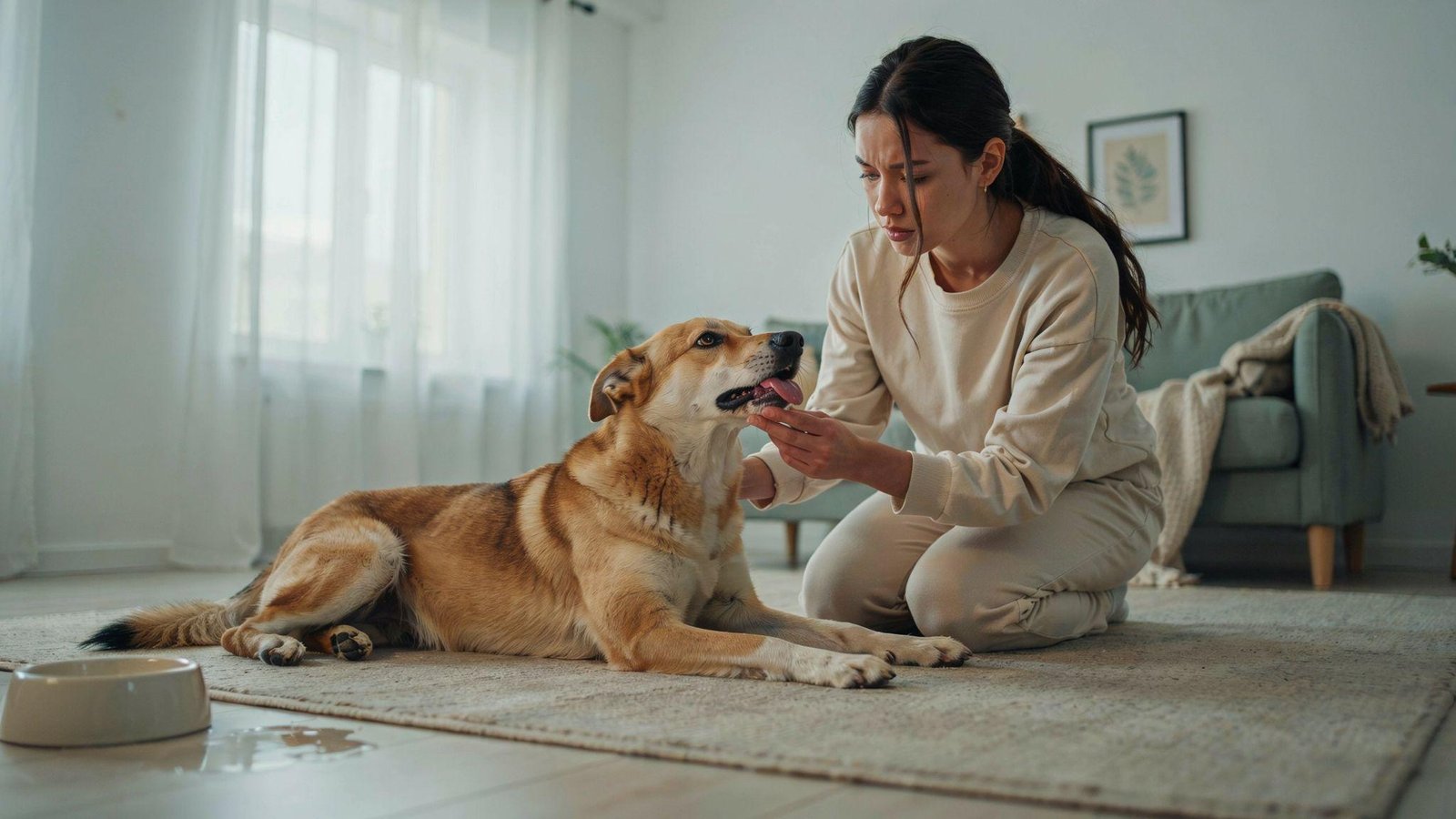 "Concerned pet owner checking a lethargic dehydrated dog’s gums in a home setting"
