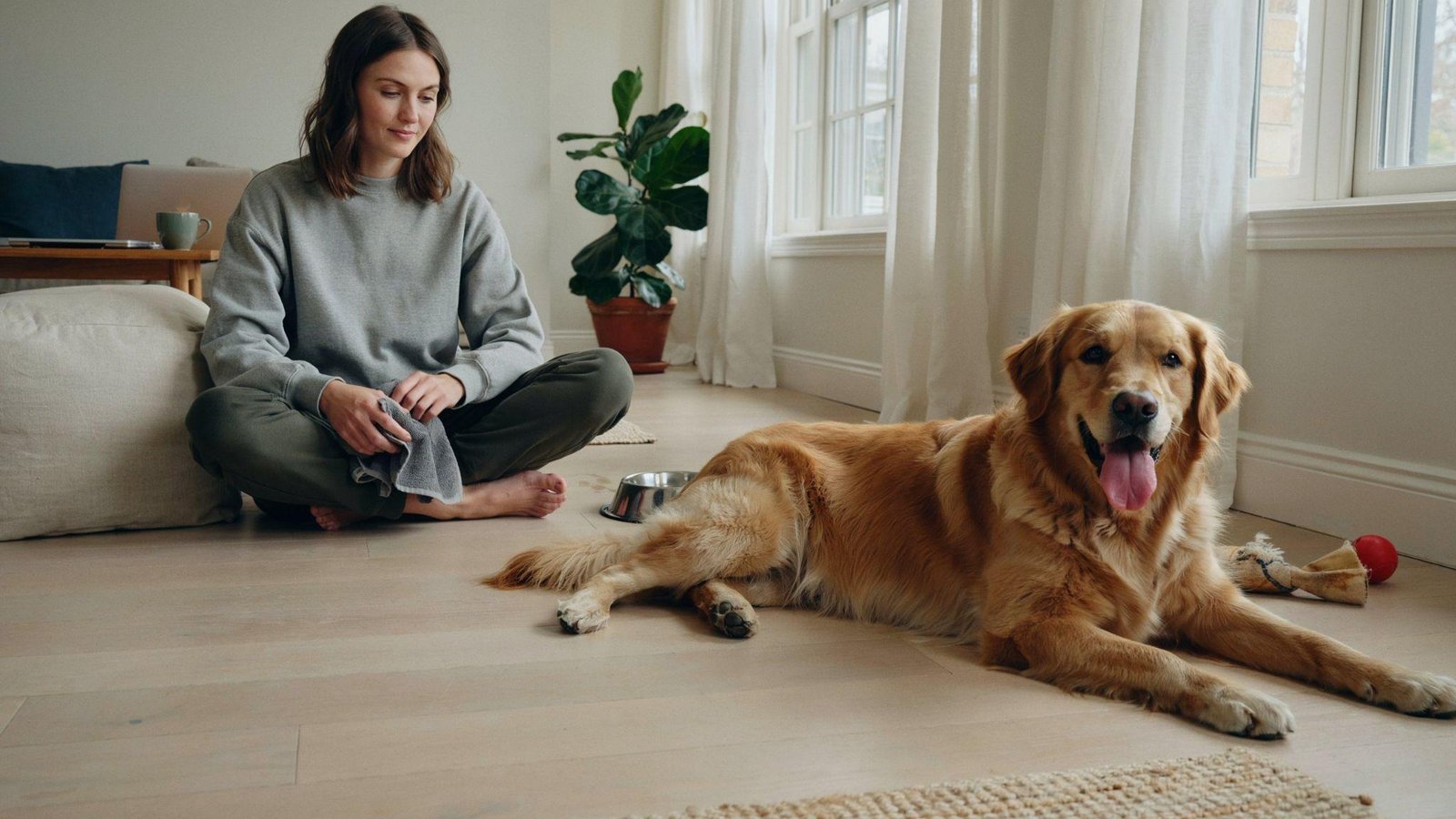 Dog panting indoors at rest while owner observes signs of possible health concerns.