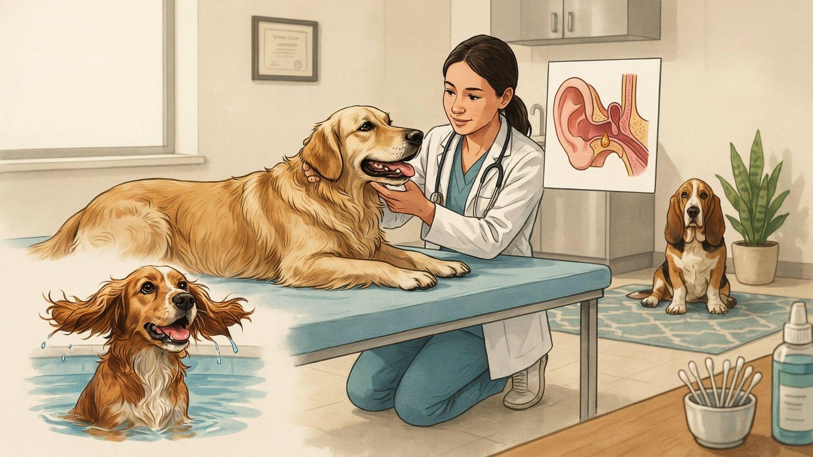 Veterinarian explaining dog ear infection otitis with anatomical ear canal diagram and healthy pet care