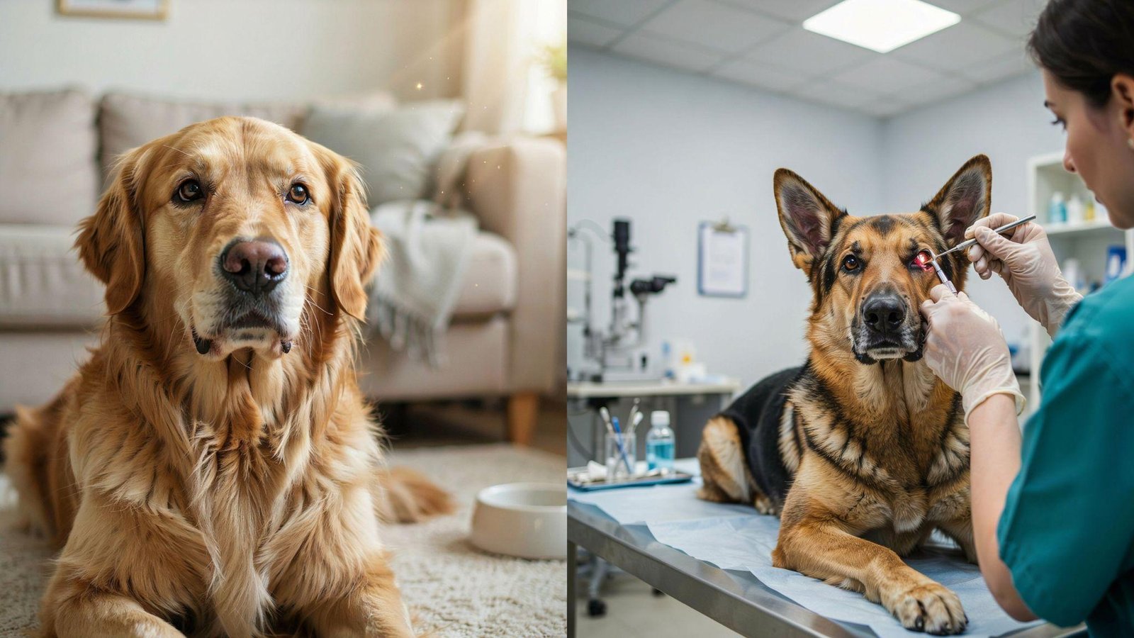 Dog eye redness causes comparison showing mild allergies versus serious eye diseases veterinary context scene