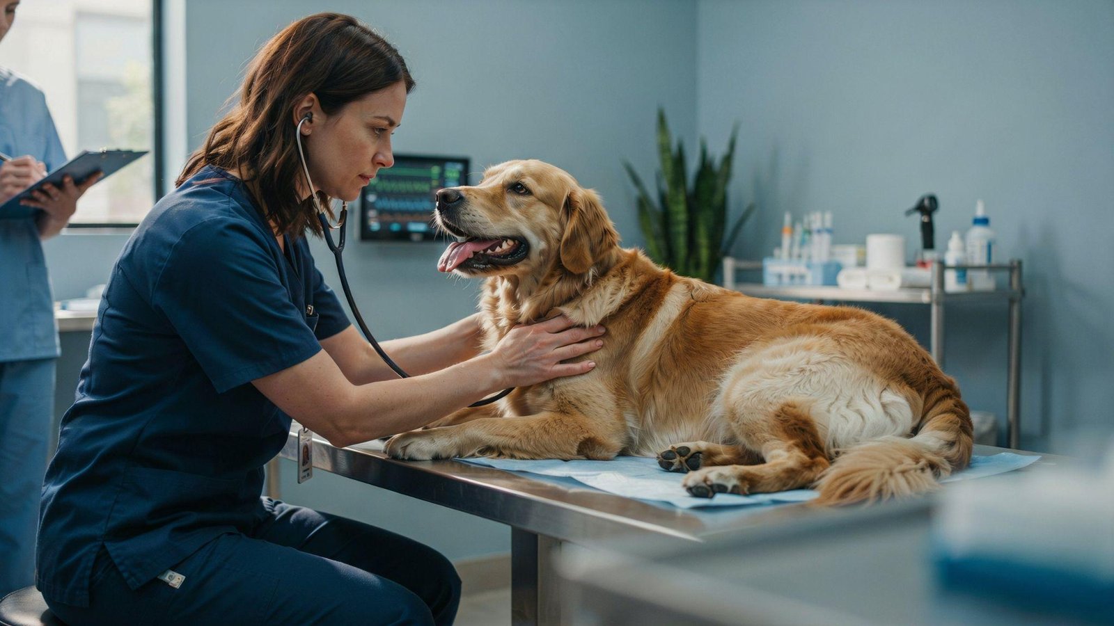 Dog panting during veterinary examination for potential respiratory, heart, and other health conditions.