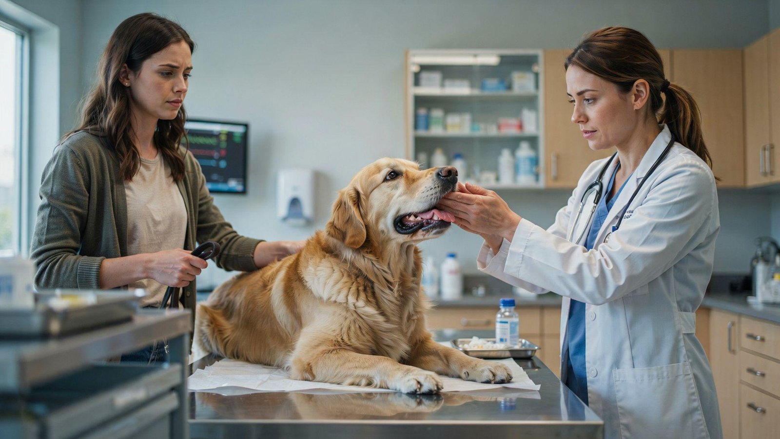 Dog receiving urgent veterinary examination after severe bee sting reaction and facial swelling