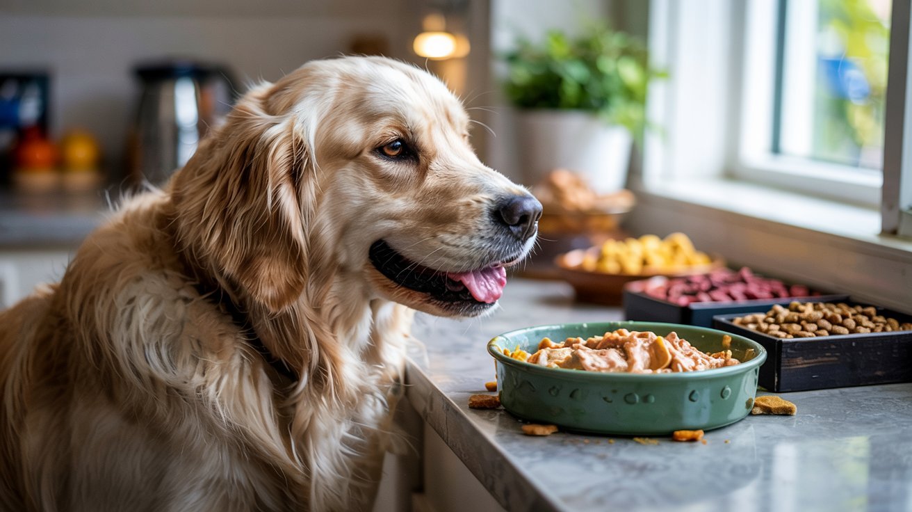"Dog eating wet food with visible tooth staining highlighting diet impact on dental health"