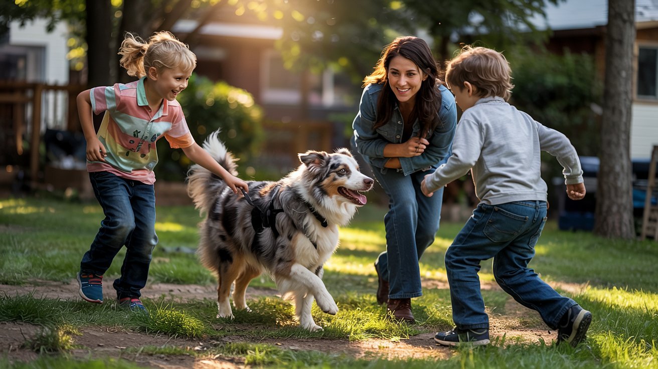 "Australian Shepherd temperament showing family-friendly behavior as energetic dog plays closely with children under supervision in backyard"