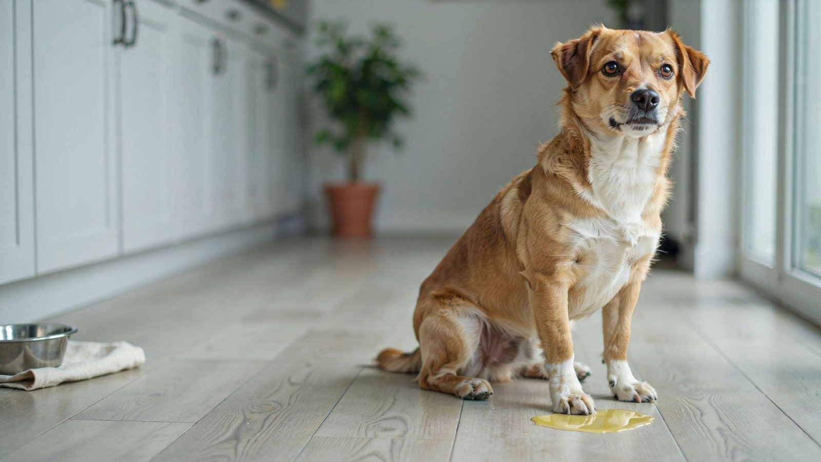 Dog sitting indoors near yellow bile puddle, illustrating canine digestive upset and vomiting.