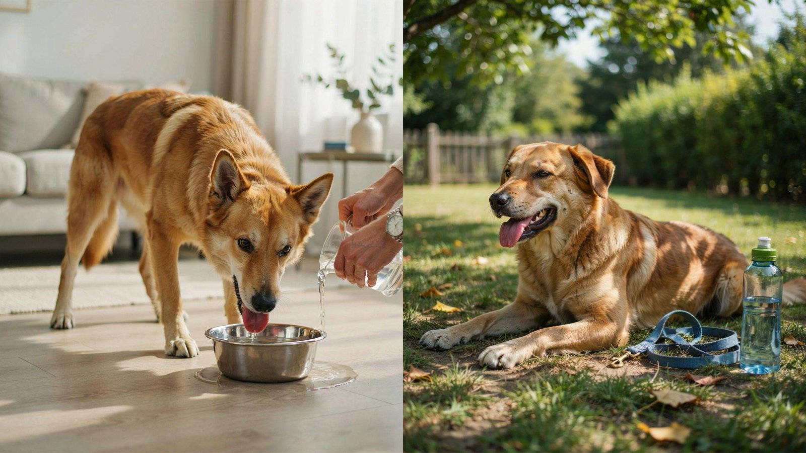 "Healthy dog drinking fresh water indoors and resting in shade outdoors as preventive care for dehydration"