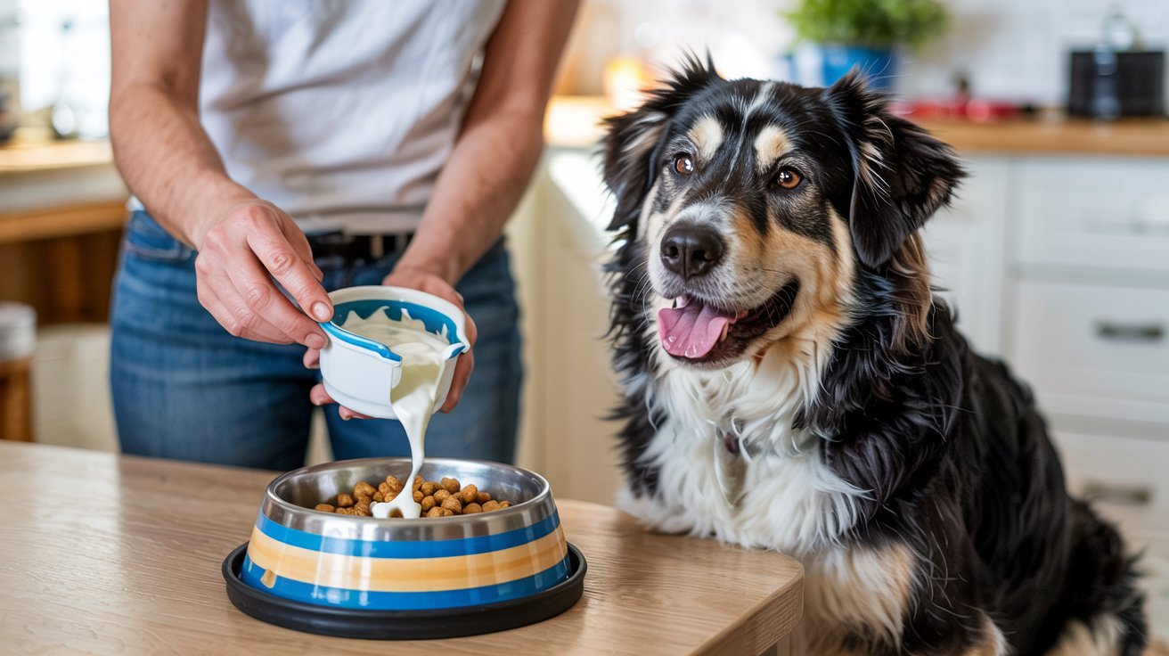 "Dog eating plain yogurt to support skin health and reduce itching"