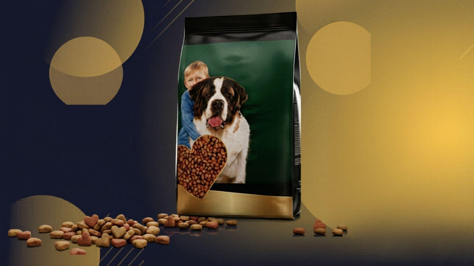 "Premium dog food bag featuring Saint Bernard dog and child with heart-shaped kibble on dark blue and gold background"
