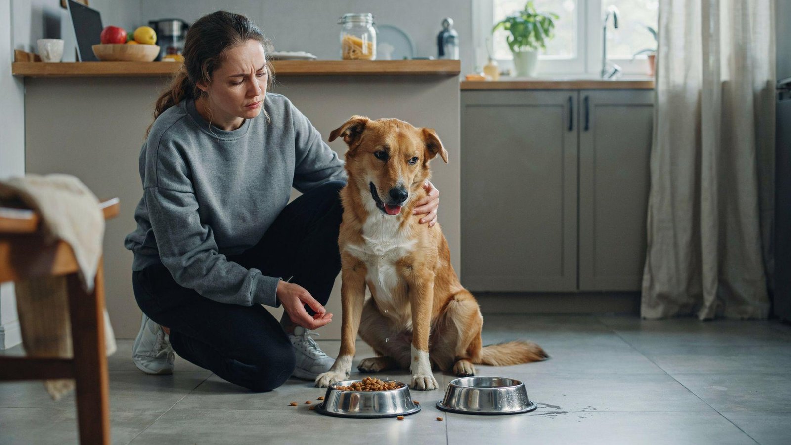 "Dog showing loss of appetite with untouched food and thick stringy saliva indicating dehydration"