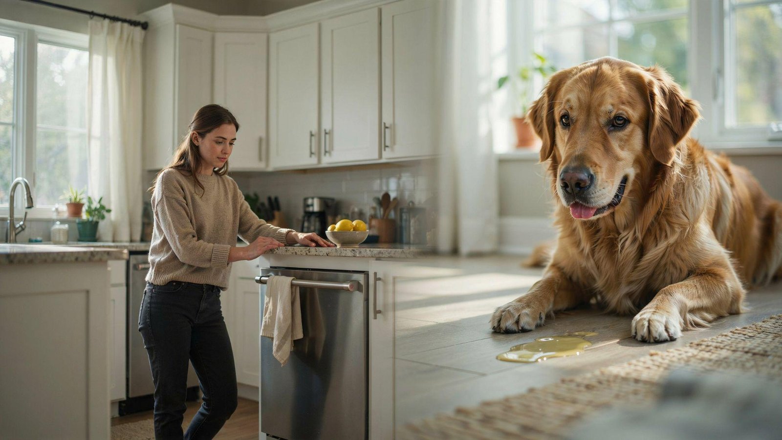 Dog indoors with yellow bile vomit, representing common canine digestive upset and irritation.