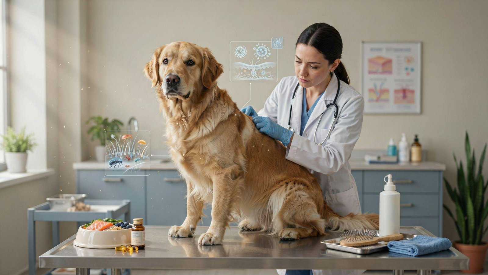 Dog with dandruff surrounded by visual causes including diet, allergies, parasites, infections, grooming