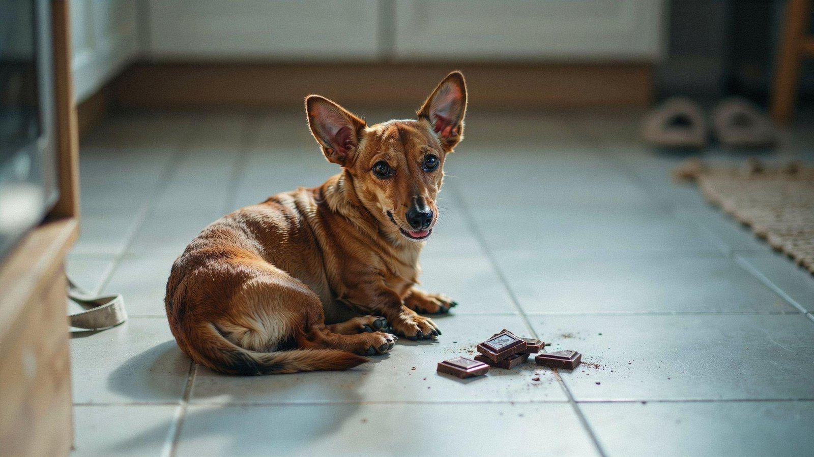 "Small dog near dark chocolate in a kitchen showing hidden risks of chocolate toxicity in dogs"