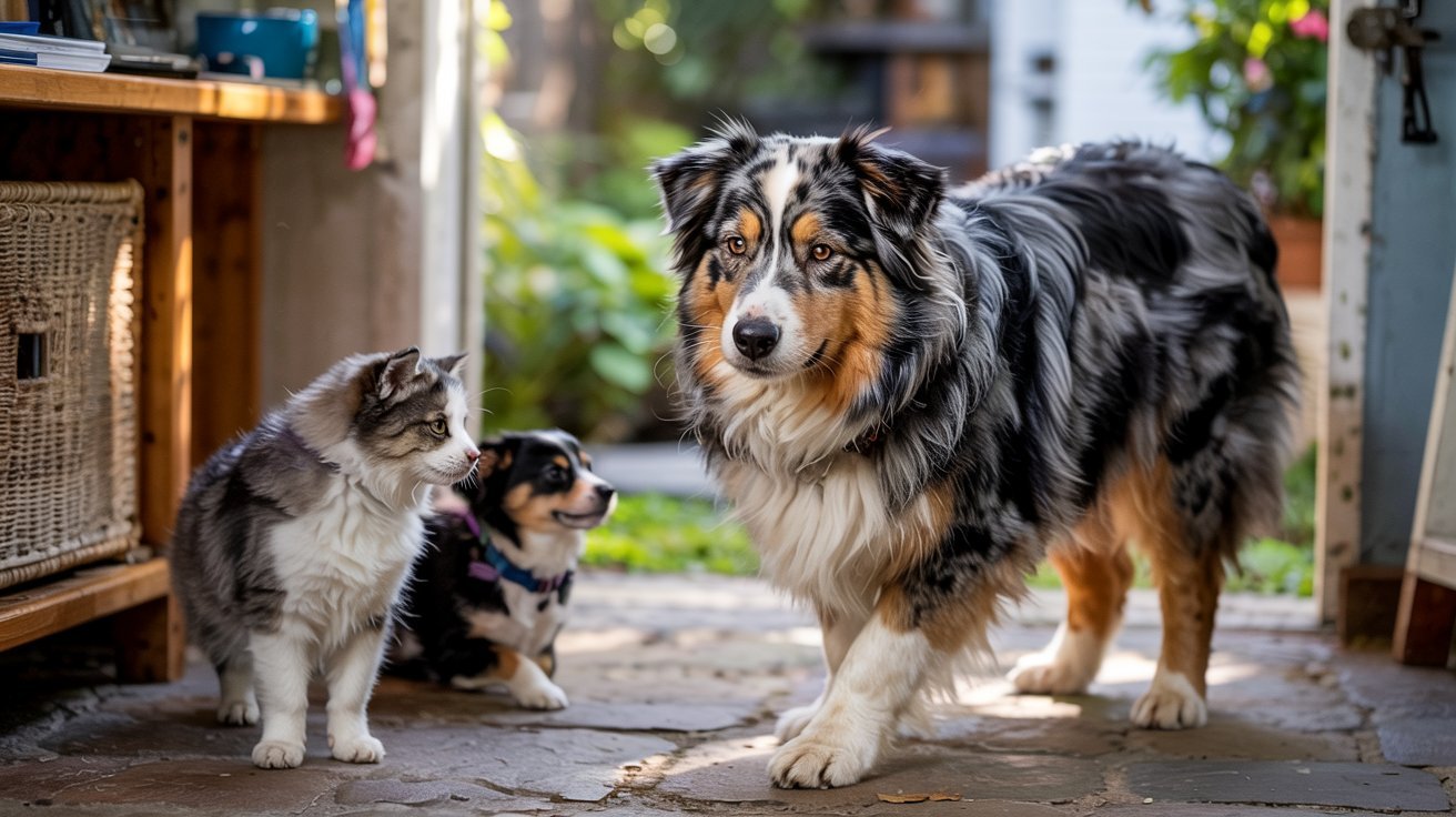 "Australian Shepherd temperament showing calm social behavior with other pets including cat and small dog in a peaceful home environment"
