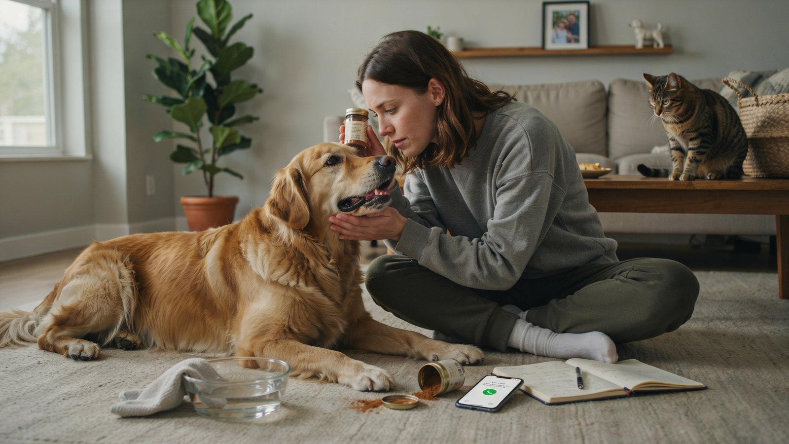 Owner monitoring a dog after it accidentally consumed cinnamon.