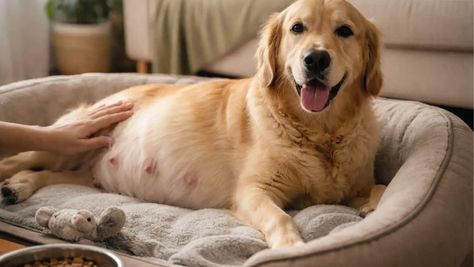 Happy Golden Retriever lies in bed while the owner touches the belly, weeks before puppies arrive.