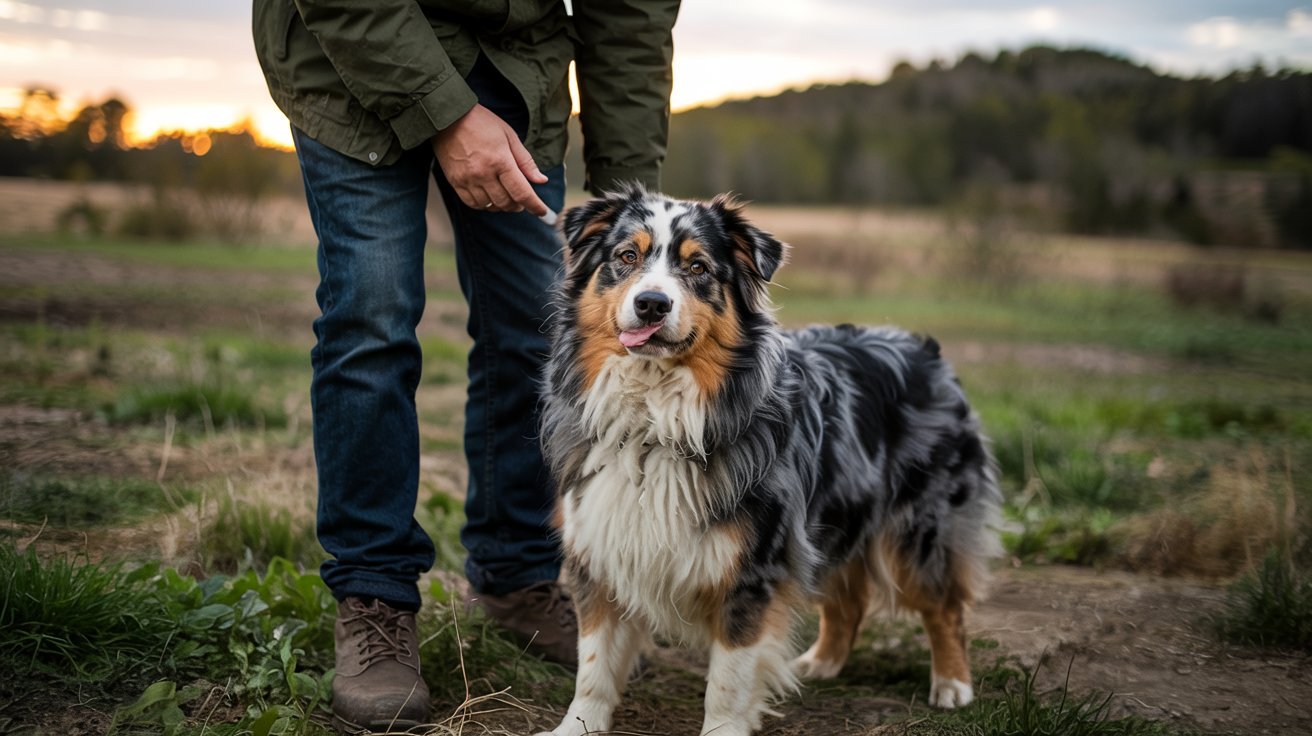 "Australian Shepherd dog temperament showing loyal emotional bond and intelligence with owner in natural outdoor setting"