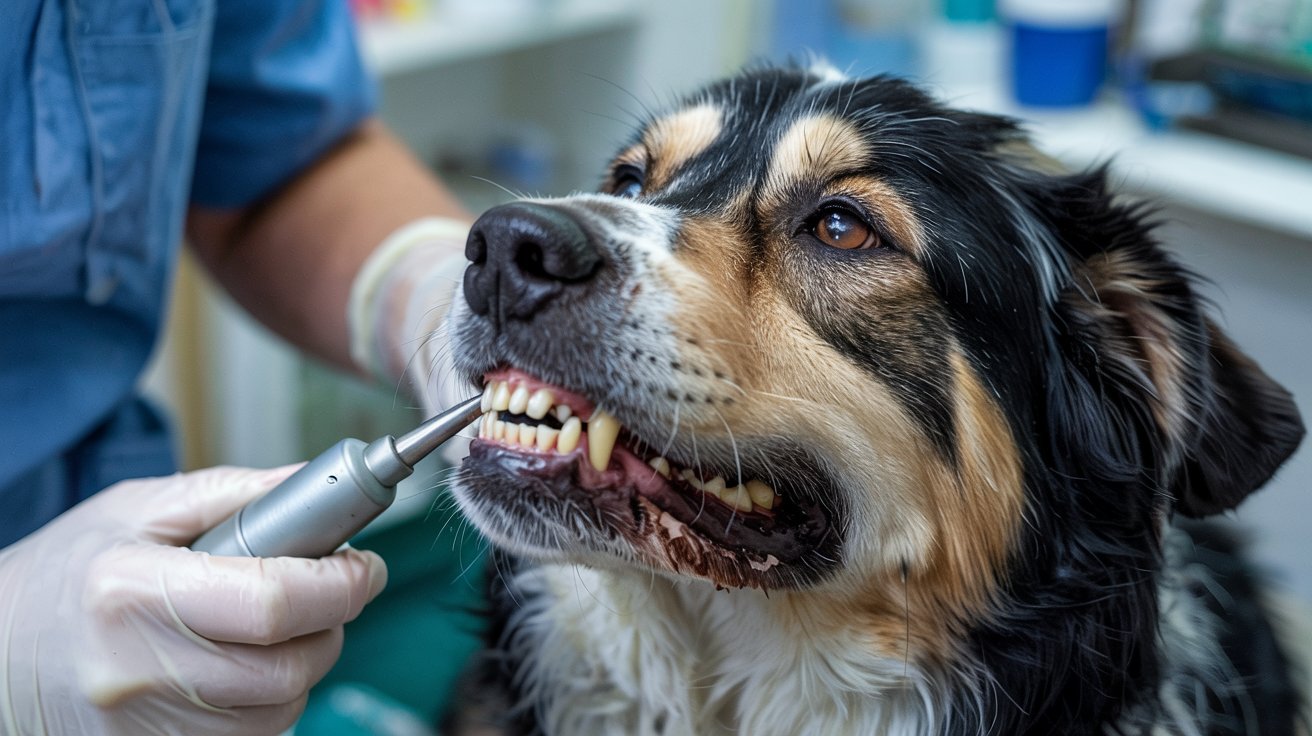 "Veterinarian performing dental cleaning on dog with visible brown tartar buildup on teeth"